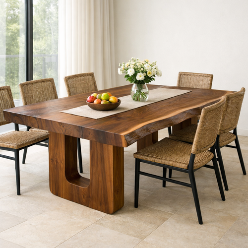 Solid Wood Live Edge Dining Table with Modern U-Shaped Base