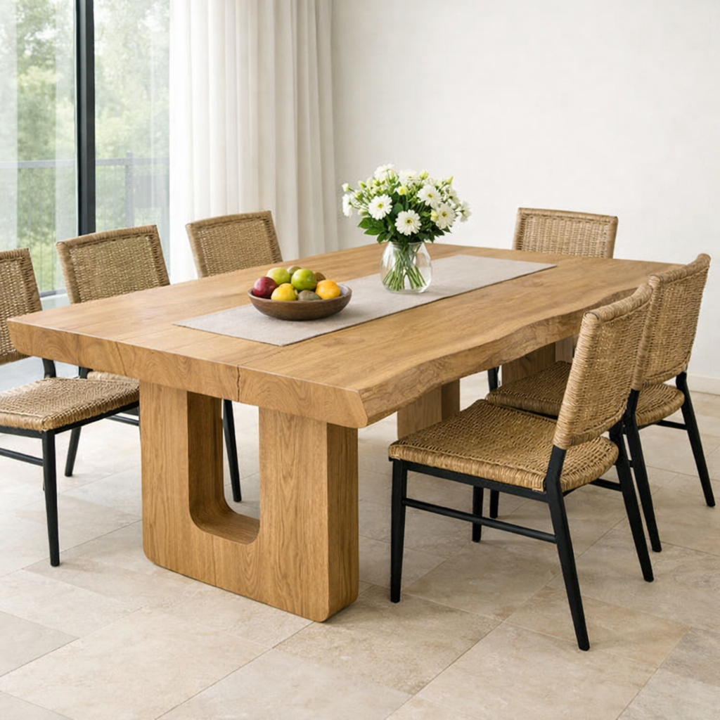 Solid Wood Live Edge Dining Table with Modern U-Shaped Base