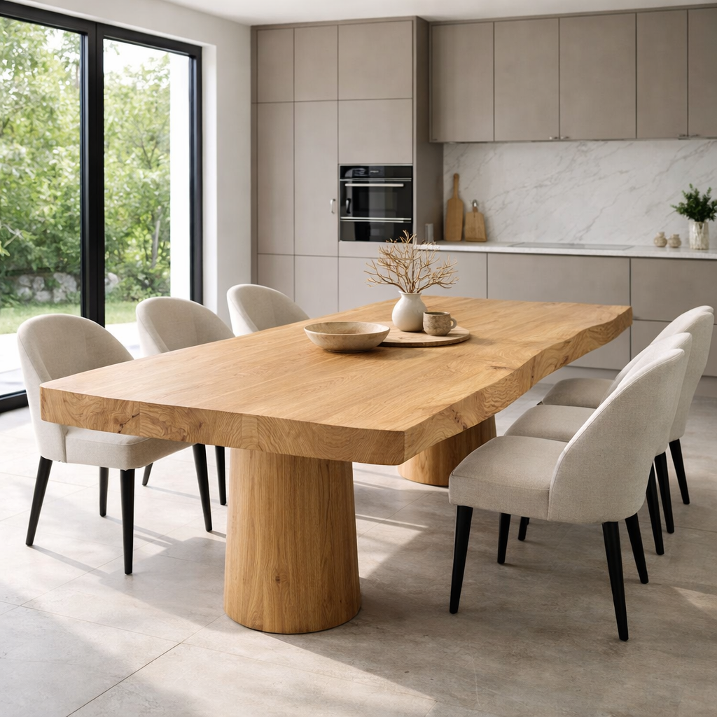 Solid Wood Live Edge Dining Table with Sculptural Pedestal Base