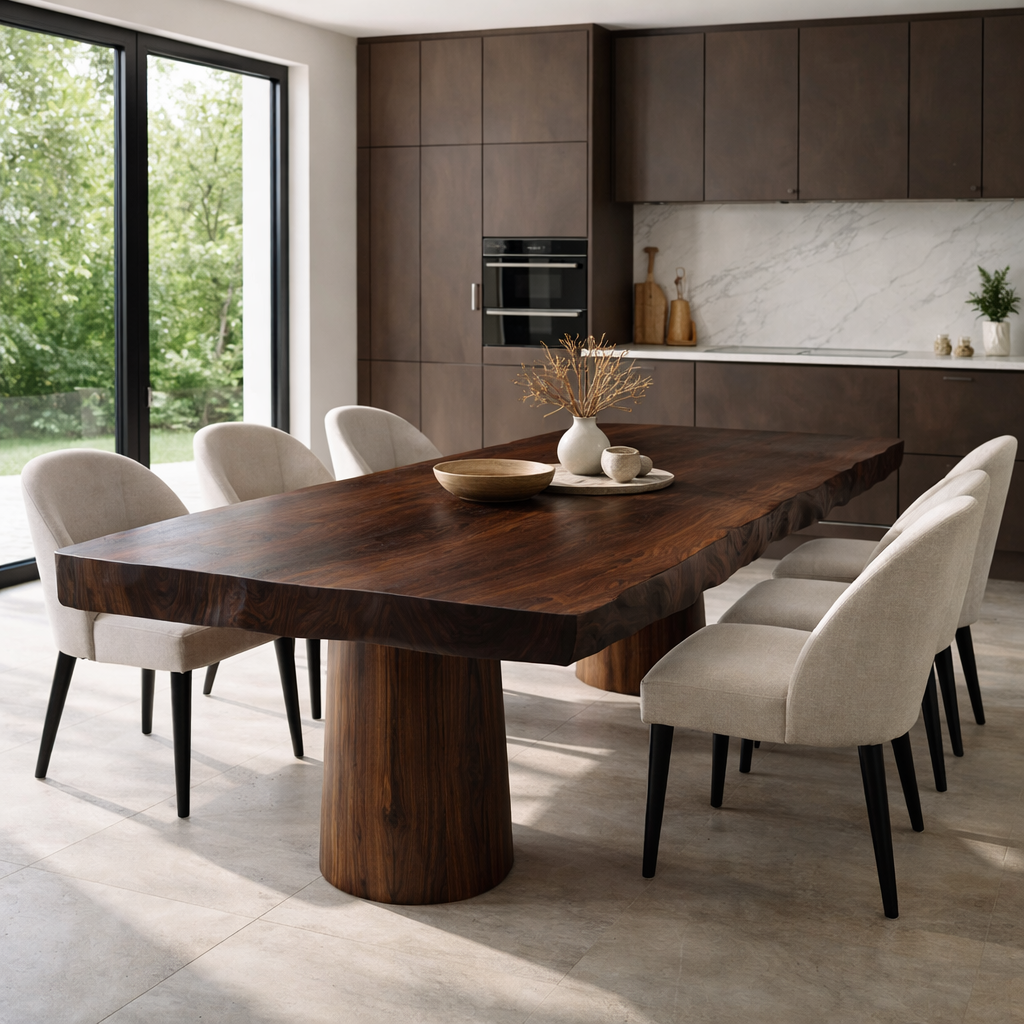 Solid Wood Live Edge Dining Table with Sculptural Pedestal Base