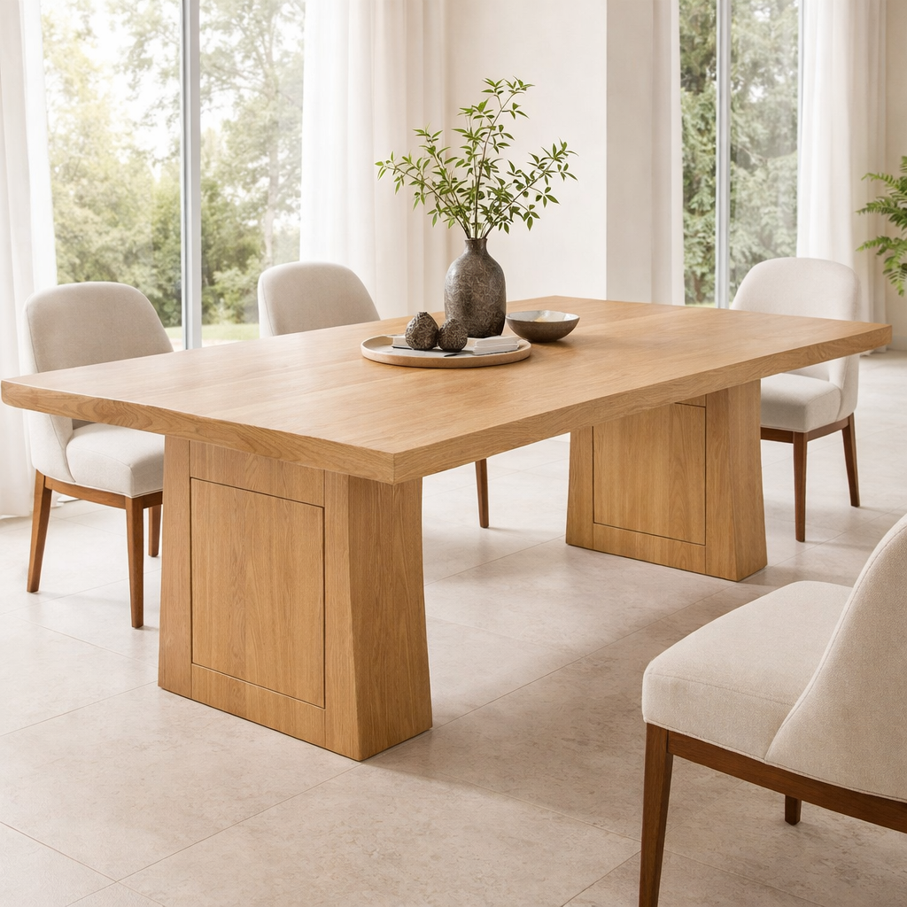 Solid Wood Dining Table with Thick Slab Top and Modern Block Base