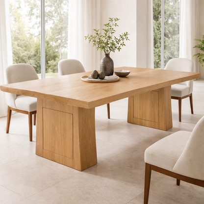 Solid Wood Dining Table with Thick Slab Top and Modern Block Base