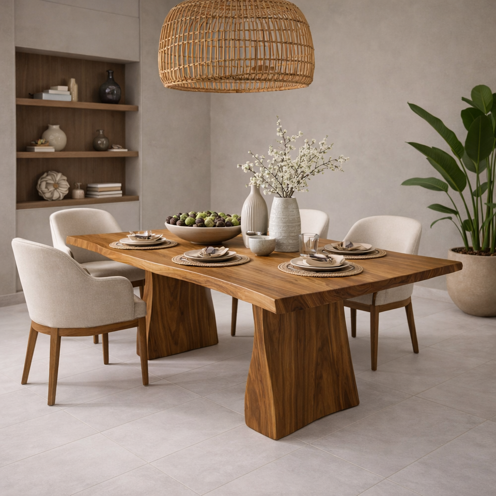 Solid Wood Dining Table with Live Edge Top and Sculptural Block Base
