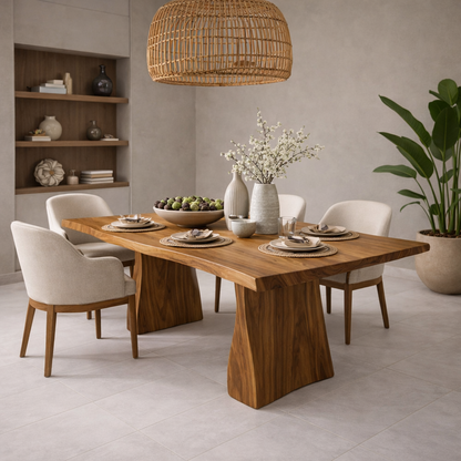 Solid Wood Dining Table with Live Edge Top and Sculptural Block Base