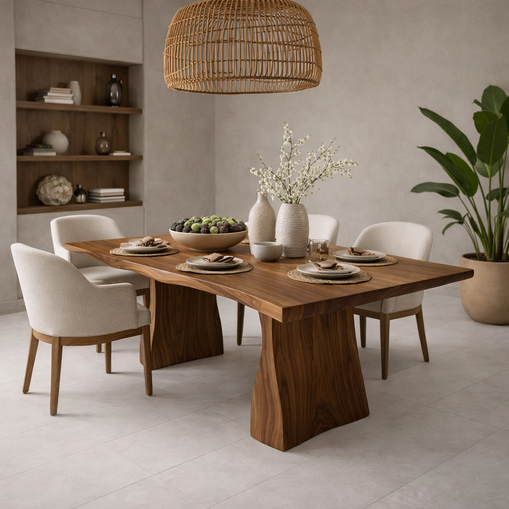 Solid Wood Dining Table with Live Edge Top and Sculptural Block Base