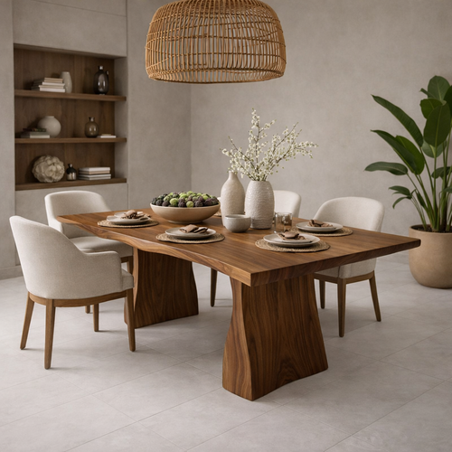 Solid Wood Dining Table with Live Edge Top and Sculptural Block Base
