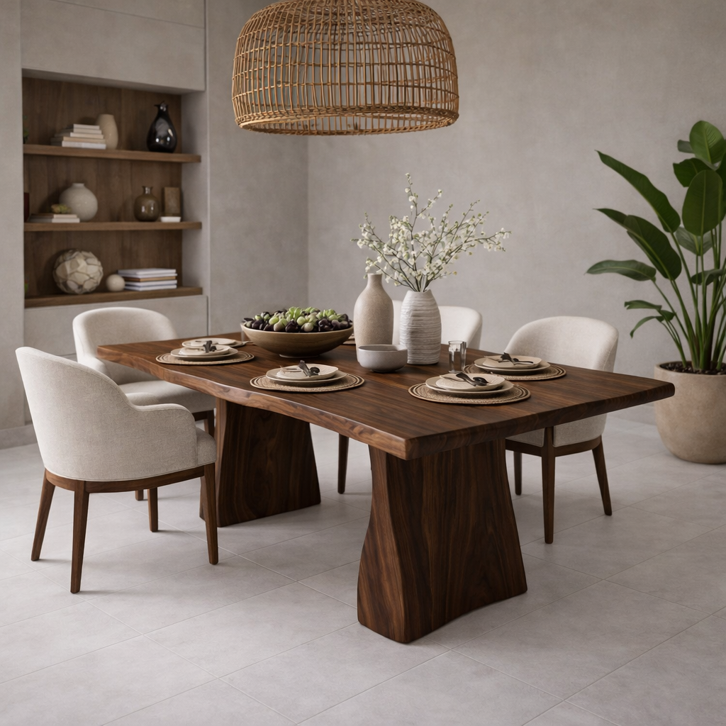 Solid Wood Dining Table with Live Edge Top and Sculptural Block Base
