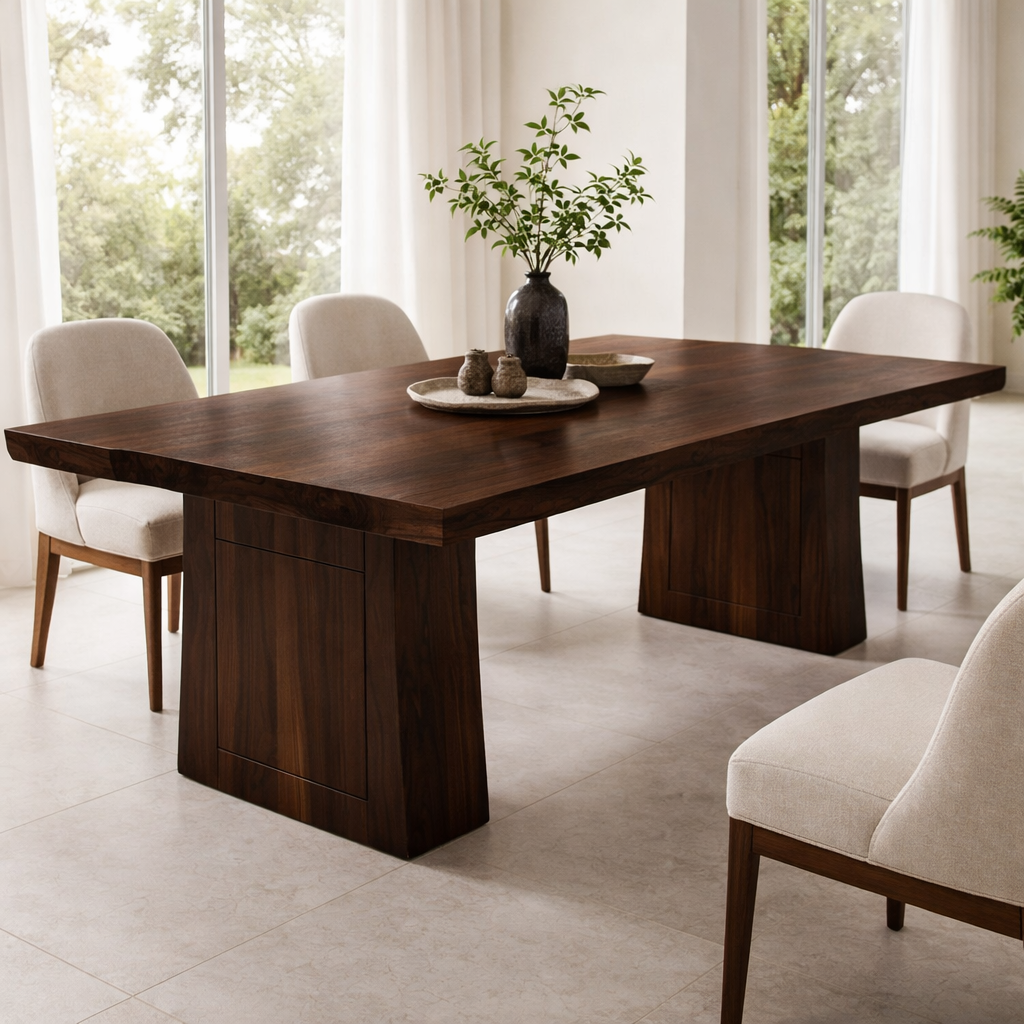 Solid Wood Dining Table with Thick Slab Top and Modern Block Base