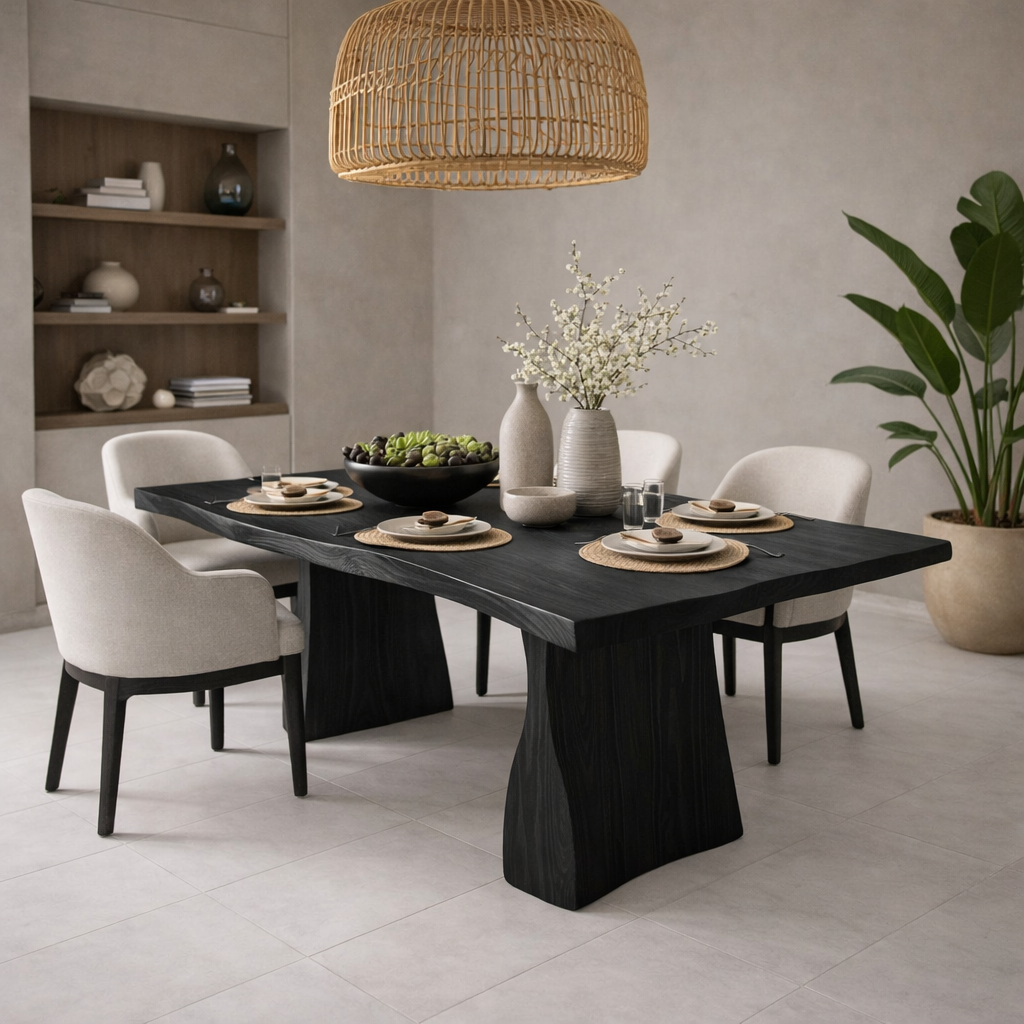 Solid Wood Dining Table with Live Edge Top and Sculptural Block Base