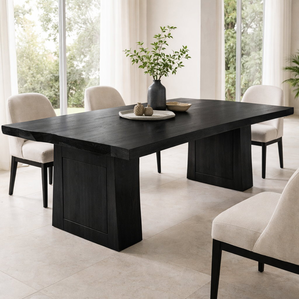 Solid Wood Dining Table with Thick Slab Top and Modern Block Base