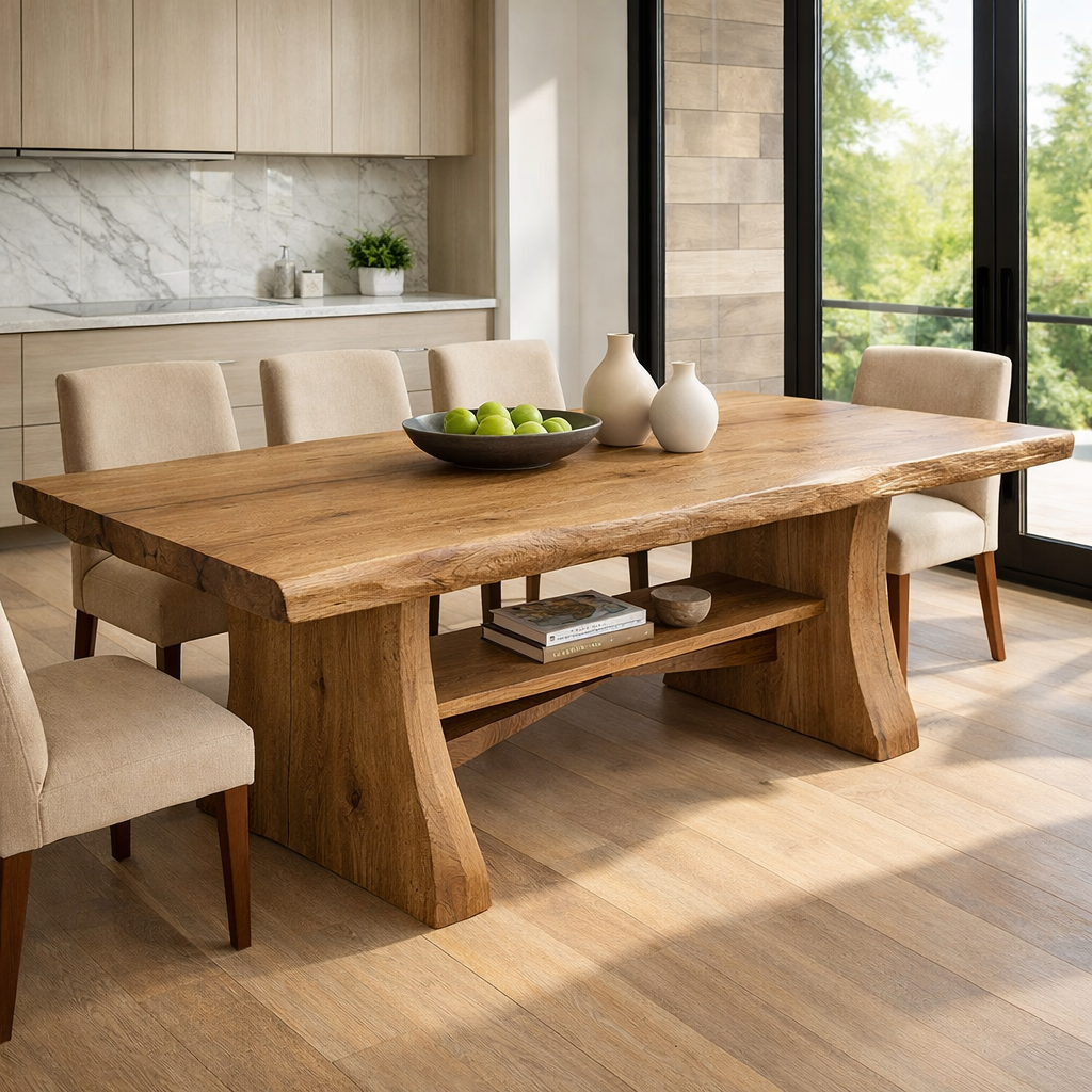 Solid Wood Live Edge Dining Table with Sculptural Base and Open Shelf