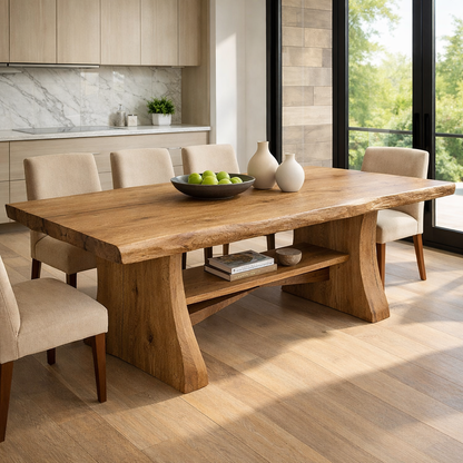 Solid Wood Live Edge Dining Table with Sculptural Base and Open Shelf