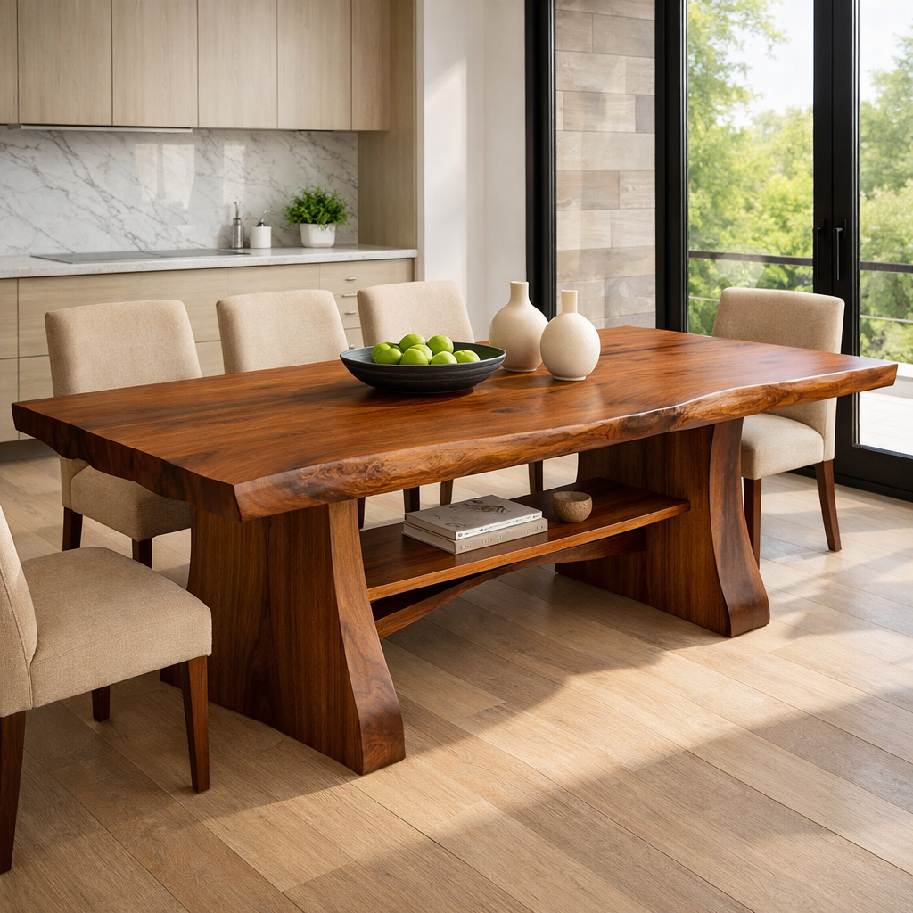 Solid Wood Live Edge Dining Table with Sculptural Base and Open Shelf