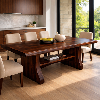 Solid Wood Live Edge Dining Table with Sculptural Base and Open Shelf