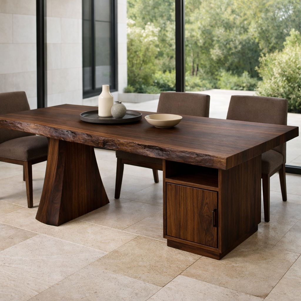 Solid Wood Live Edge Dining Table with Storage Cabinet and Sculptural Base
