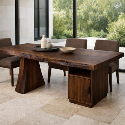 Solid Wood Live Edge Dining Table with Storage Cabinet and Sculptural Base