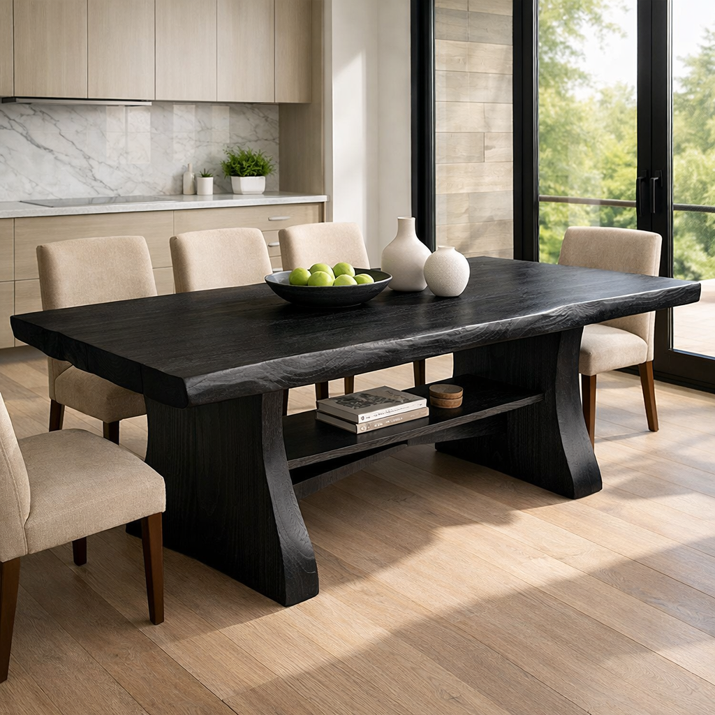 Solid Wood Live Edge Dining Table with Sculptural Base and Open Shelf