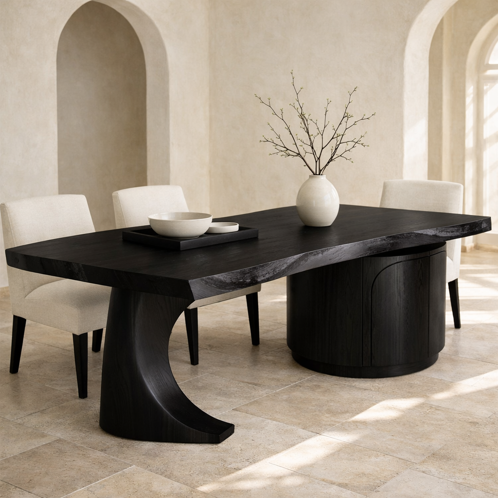 Solid Wood Live Edge Dining Table with Curved Base and Round Storage Cabinet