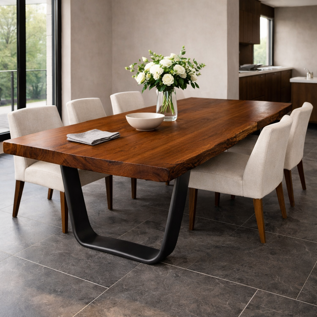 Solid Wood Live Edge Dining Table with Modern U-Shaped Metal Base