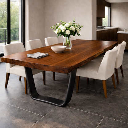 Solid Wood Live Edge Dining Table with Modern U-Shaped Metal Base