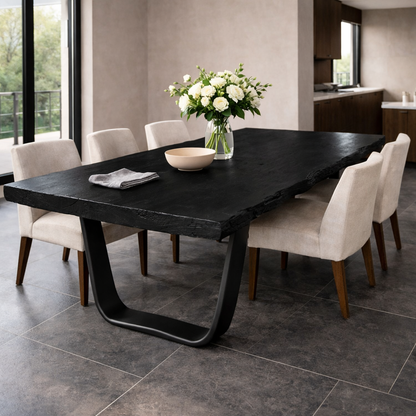 Solid Wood Live Edge Dining Table with Modern U-Shaped Metal Base