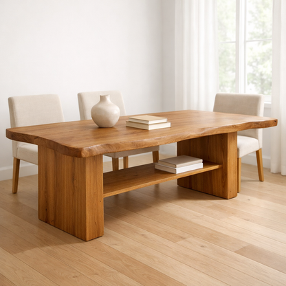 Solid Wood Dining Table with Thick Slab Top and Open Shelf Storage