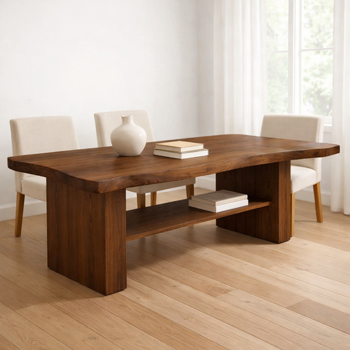 Solid Wood Dining Table with Thick Slab Top and Open Shelf Storage