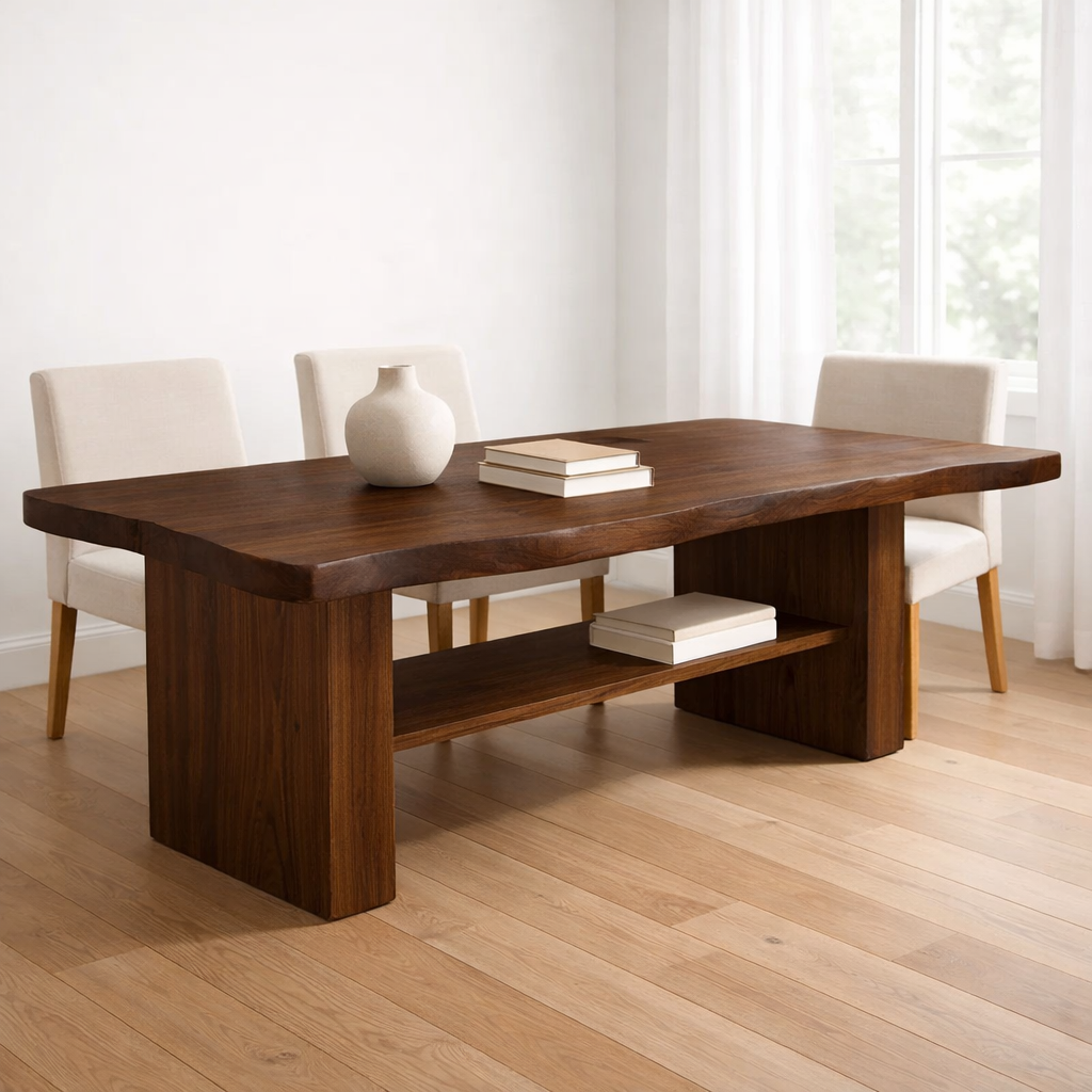 Solid Wood Dining Table with Thick Slab Top and Open Shelf Storage