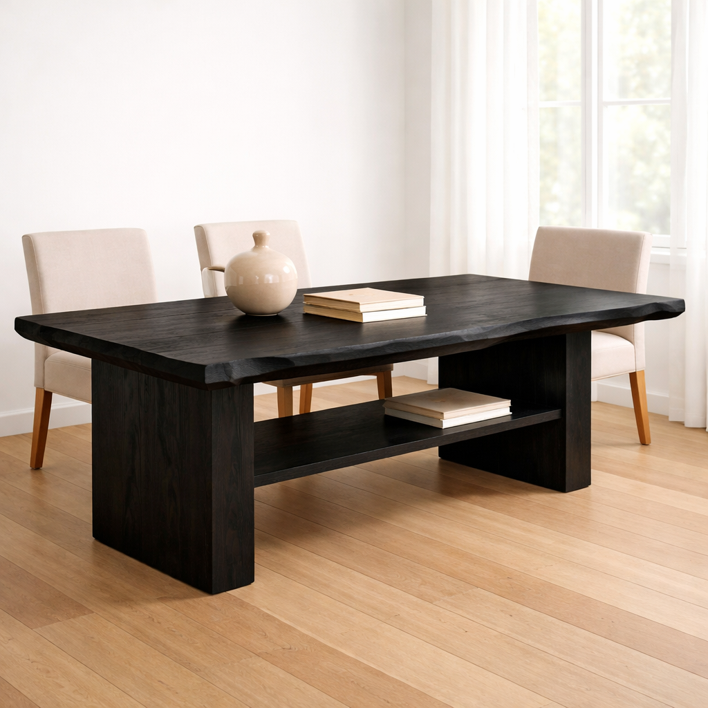 Solid Wood Dining Table with Thick Slab Top and Open Shelf Storage