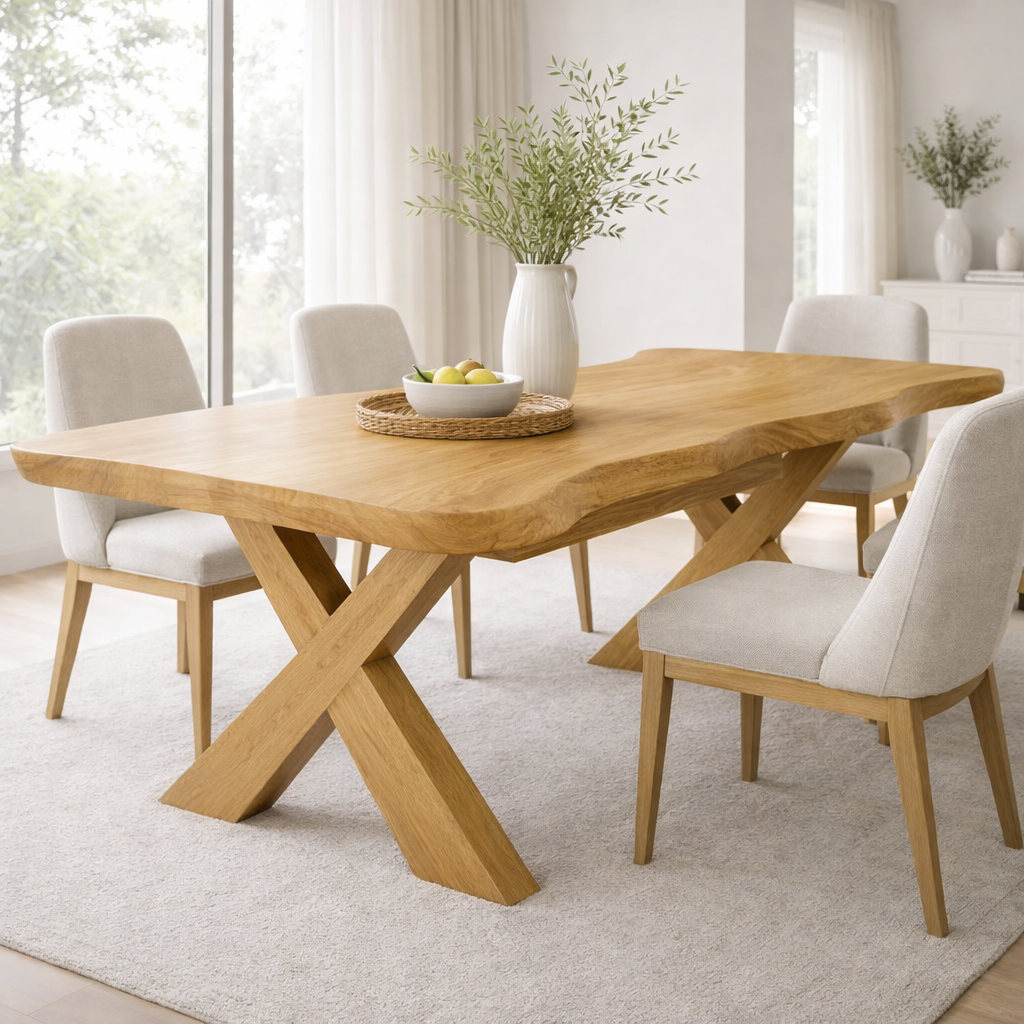 Solid Wood Live Edge Dining Table with X-Base Sculptural Legs