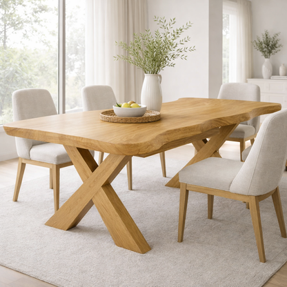 Solid Wood Live Edge Dining Table with X-Base Sculptural Legs