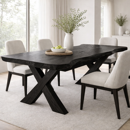 Solid Wood Live Edge Dining Table with X-Base Sculptural Legs