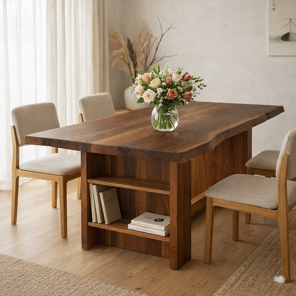 Solid Wood Live Edge Dining Table with Built-In Shelf Storage
