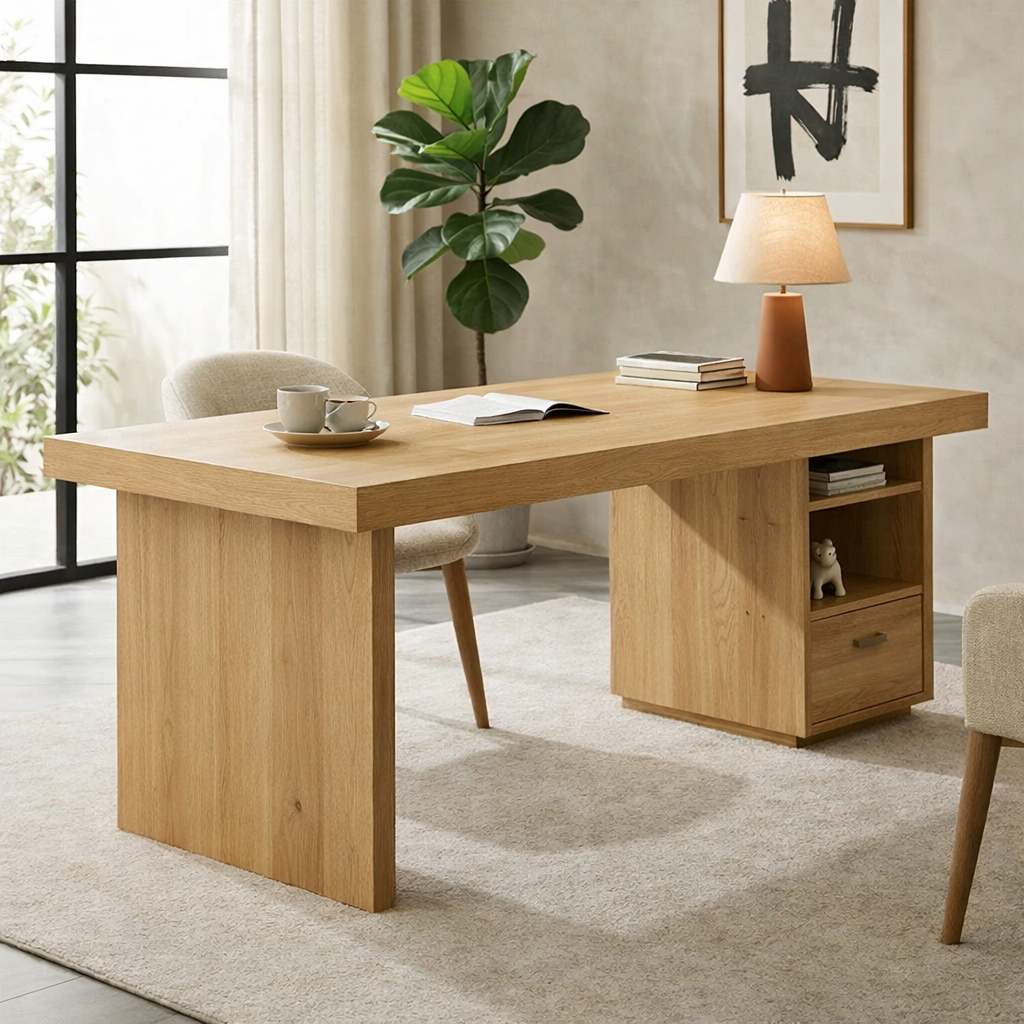 Solid Wood Desk with Thick Slab Top and Built-In Storage Cabinet