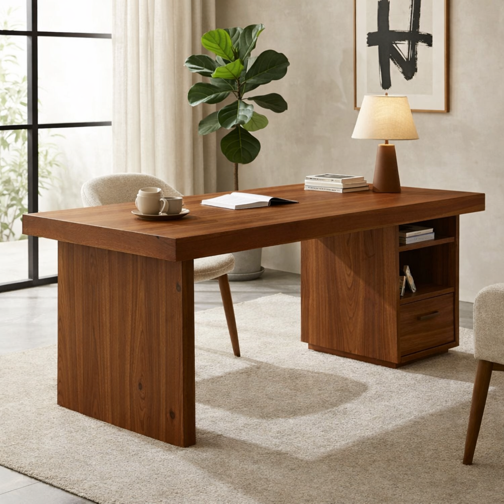 Solid Wood Desk with Thick Slab Top and Built-In Storage Cabinet
