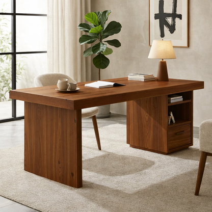 Solid Wood Desk with Thick Slab Top and Built-In Storage Cabinet