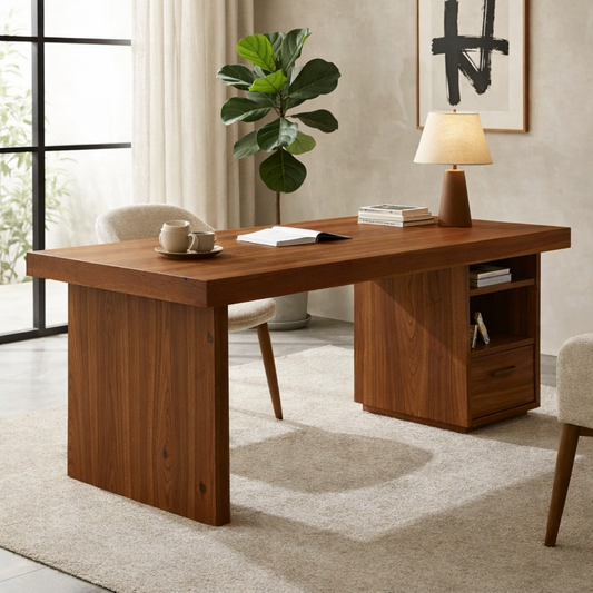Solid Wood Desk with Thick Slab Top and Built-In Storage Cabinet