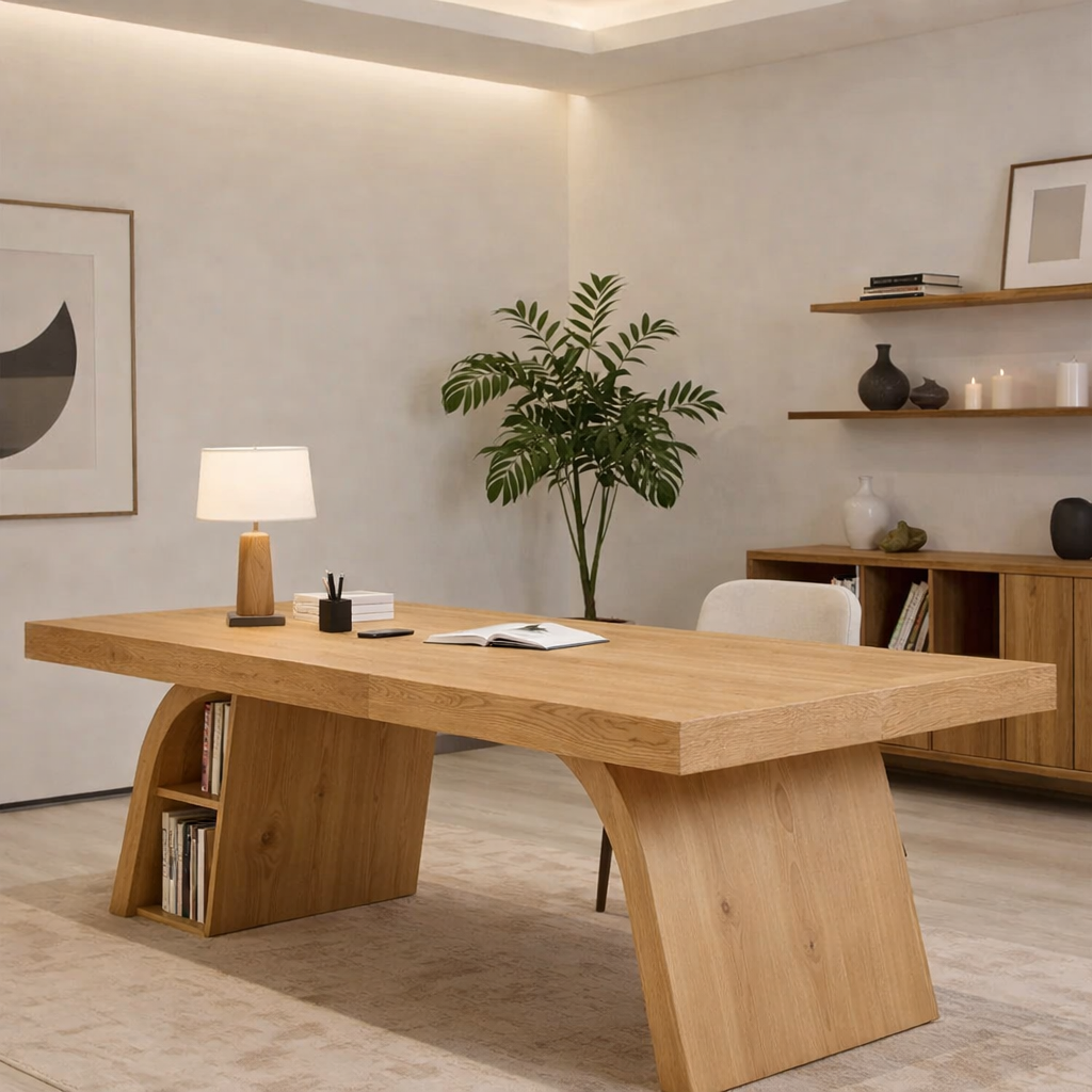 Solid Wood Desk with Thick Slab Top and Integrated Shelf Storage