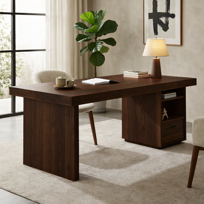 Solid Wood Desk with Thick Slab Top and Built-In Storage Cabinet