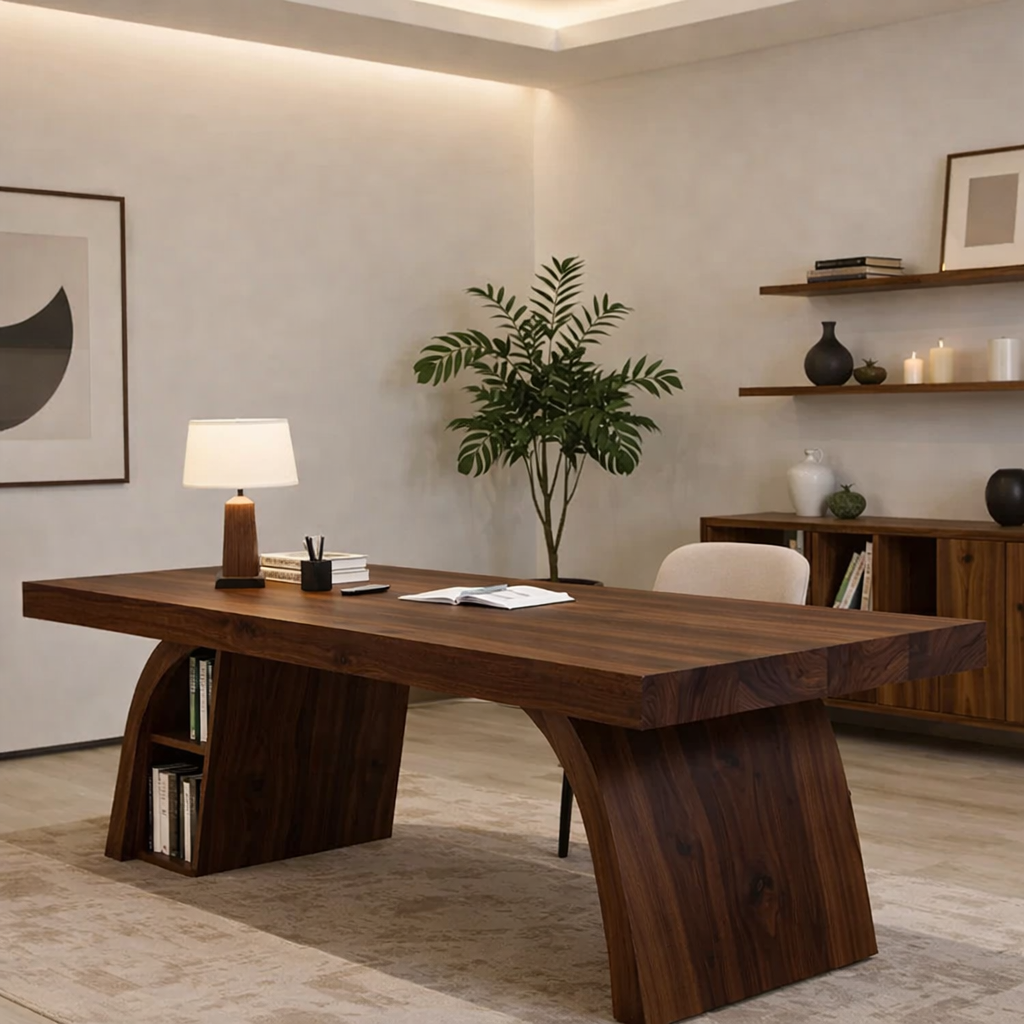 Solid Wood Desk with Thick Slab Top and Integrated Shelf Storage