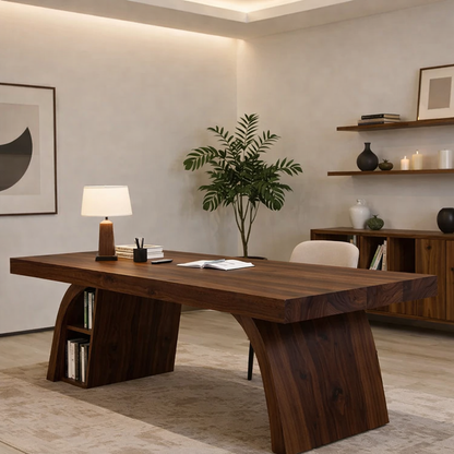 Solid Wood Desk with Thick Slab Top and Integrated Shelf Storage