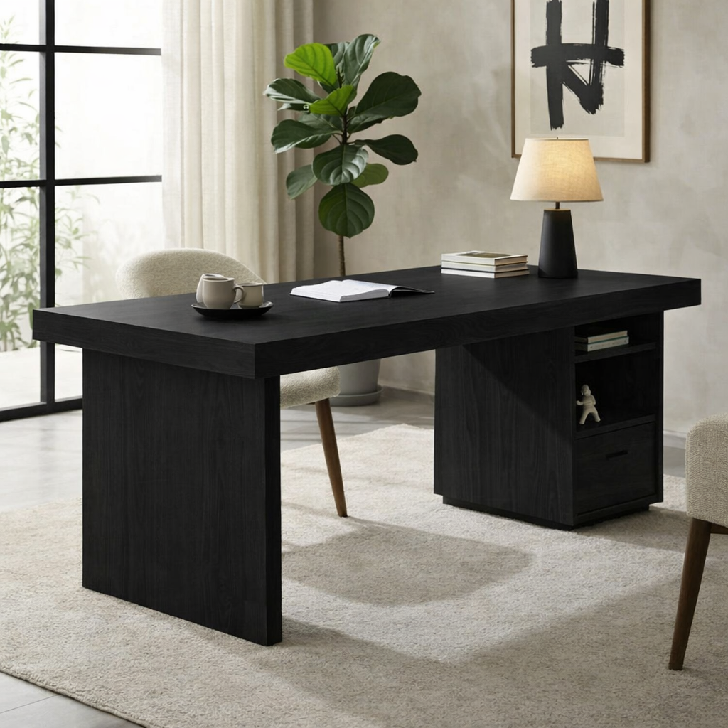 Solid Wood Desk with Thick Slab Top and Built-In Storage Cabinet