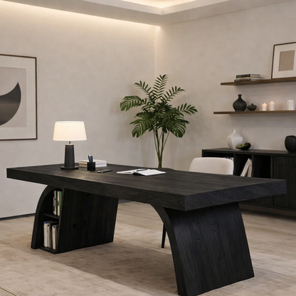 Solid Wood Desk with Thick Slab Top and Integrated Shelf Storage