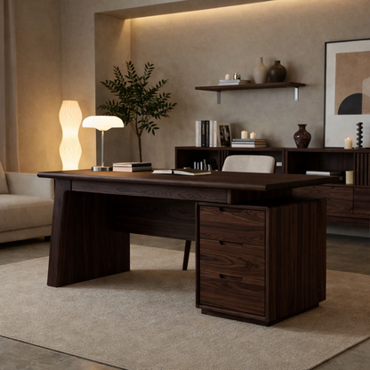 Solid Wood Executive Desk with Thick Slab Top and Drawer Storage