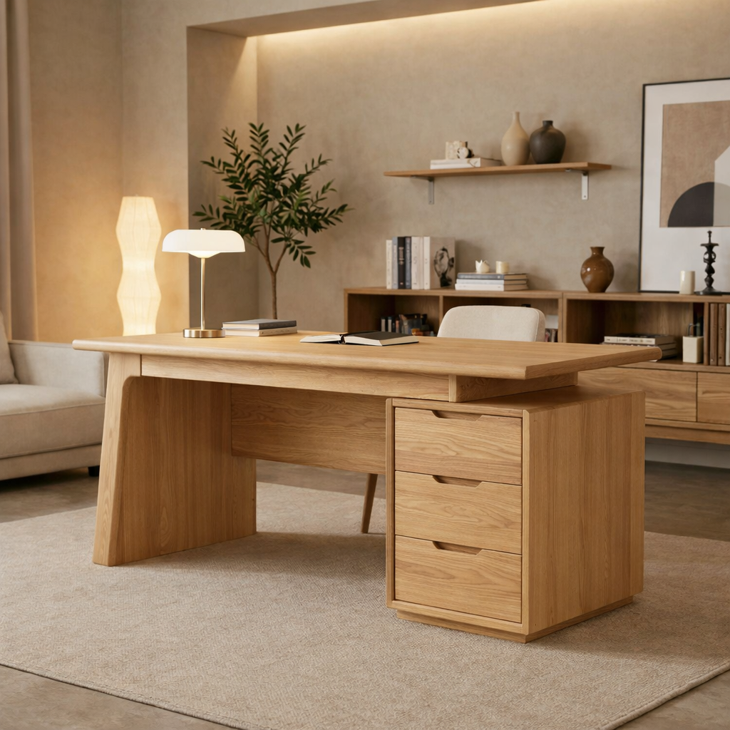 Solid Wood Executive Desk with Thick Slab Top and Drawer Storage