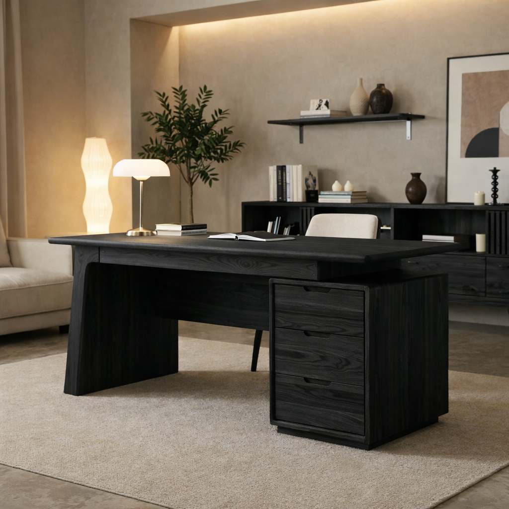 Solid Wood Executive Desk with Thick Slab Top and Drawer Storage