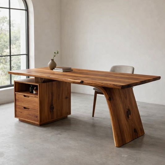 Solid Wood Desk with Live Edge Top and Integrated Drawer Storage