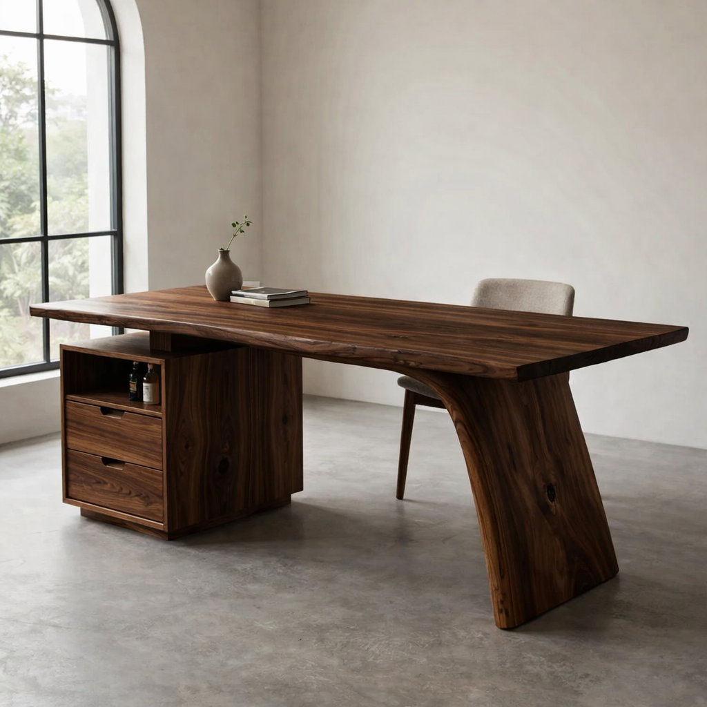 Solid Wood Desk with Live Edge Top and Integrated Drawer Storage