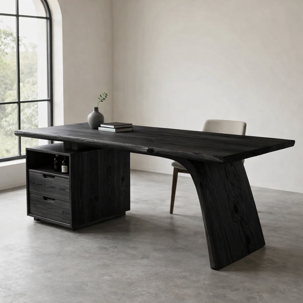 Solid Wood Desk with Live Edge Top and Integrated Drawer Storage