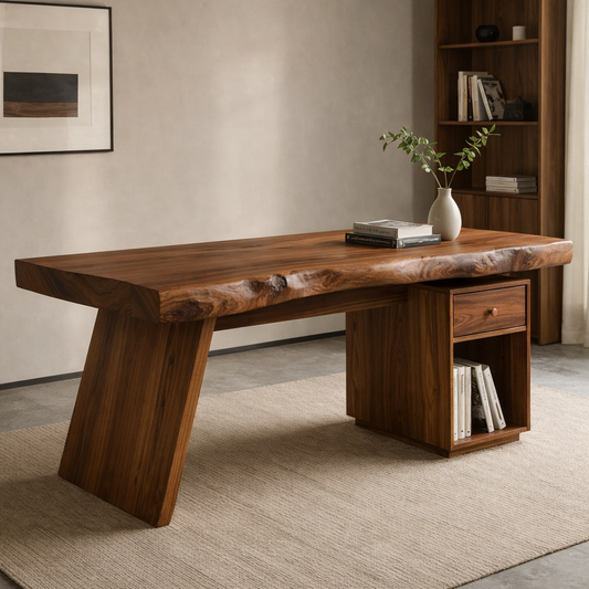 Solid Wood Live Edge Desk with Drawer Storage – Rustic Modern Office Table